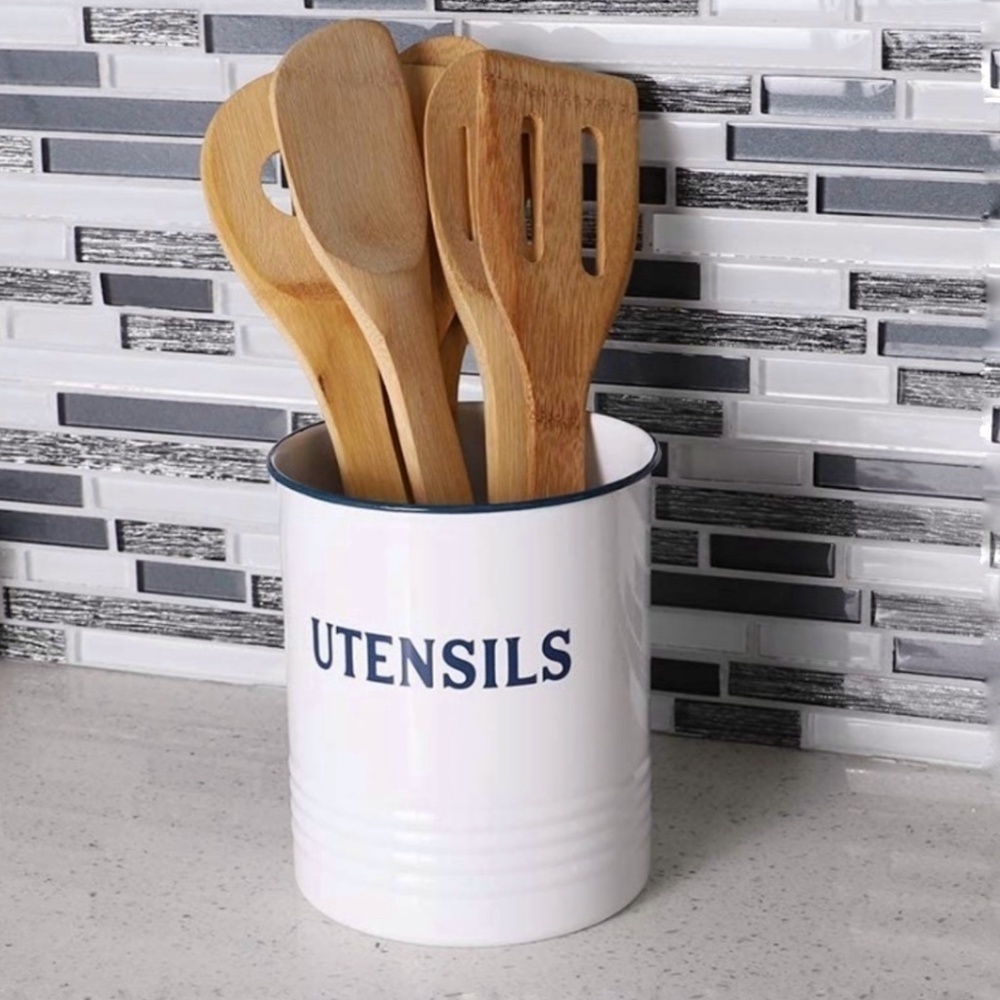 Utensil Holder Vintage Style Metal Freestanding 5 in x 5 in x 6 in White/Blue - Picture 9 of 10